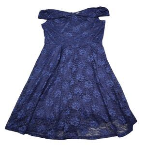 Casual Dress Womens Navy Blue Back Zip Off the Shoulder Lace Knee Length